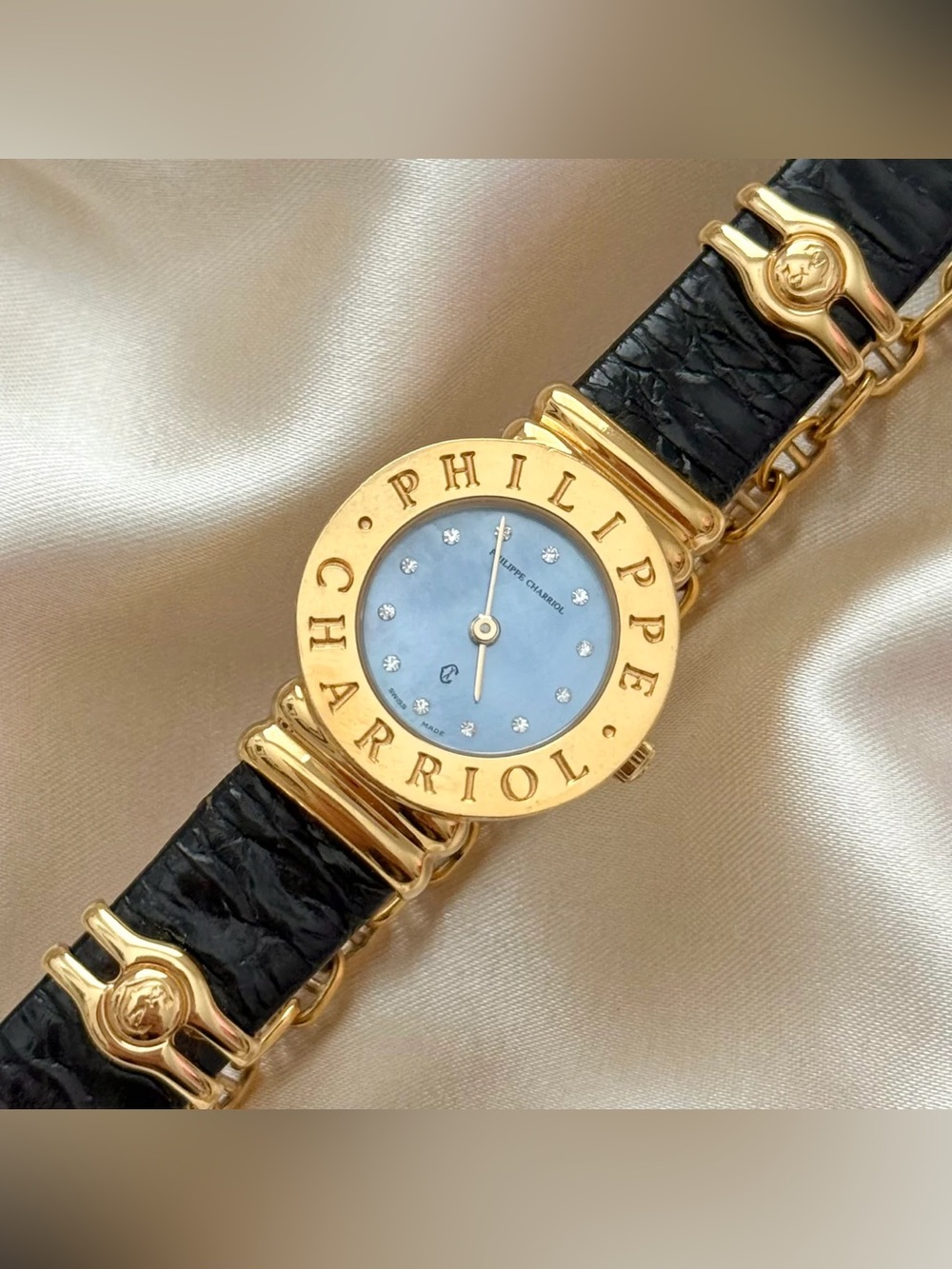 AUTHENTIC VINTAGE PHILIPPE CHARRIOL MOTHER-OF-PEARL BLACK LEATHER WATCH - Picture 5 of 8